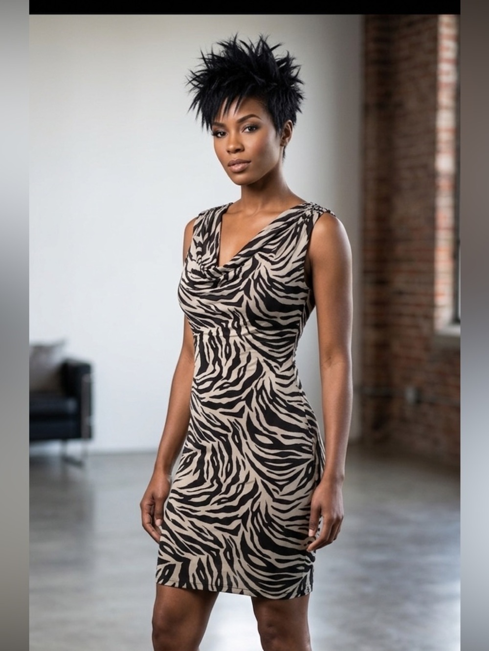 SMASH! Sleeveless Cowl neck fitted  animal print dress. Size Small